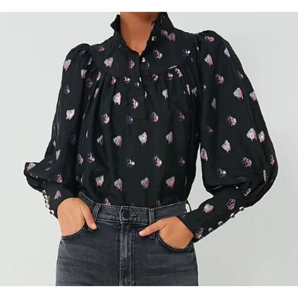 TUCKERNUCK TOP BLOUSE BOUVIER RUFFLE NECK CORRIGAN METALLIC DOT COLLAR FEMININE - Picture 1 of 16